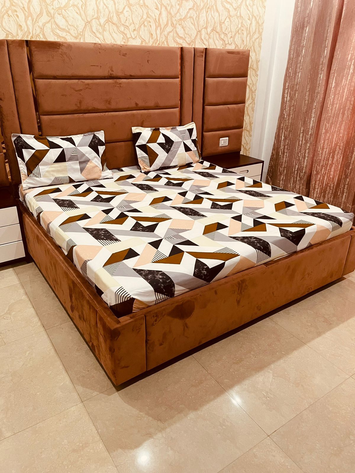 White Brown Checks Design Bedsheet with fitting  